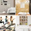 A collage of four different scenes: a living room with a sofa and modern furniture, a bathroom with a stone wall and sink, people exercising on Pilates reformers, and a bedroom with a shelf display and polka dot headboard. Produktbild-Vorschau