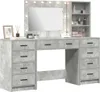 A vanity table with a mirror and lights, and shelves on the side, filled with makeup and skincare products. Náhled obrázku produktu