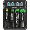 A close-up, front-facing view of a VOLTCRAFT BC4 battery charger with four batteries inserted. Produktbild-Vorschau