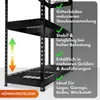 A black metal shelving unit with multiple shelves, highlighted with text overlays describing its features and benefits. Produktbild-Vorschau