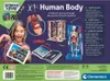 The image shows the packaging of a science kit for children, featuring a girl pointing at a tablet displaying anatomical diagrams, along with illustrations of the human body's internal organs and skeleton. Náhled obrázku produktu
