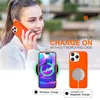 A woman is holding an orange phone case to her ear while a phone with a charging animation is displayed next to it, along with another phone case showing a magnetic charging circle. Produktbild-Vorschau