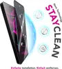A screen protector is shown on a smartphone, with icons indicating features like anti-spy, fingerprint resistance, and water resistance. Produktbild-Vorschau
