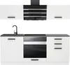 A modern kitchen unit with white cabinets, a black hood, and a black sink and faucet. Produktbild-Vorschau