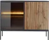 A modern sideboard with a glass door on the left and slatted wood doors on the right, set against a white background. Anteprima dell’immagine prodotto