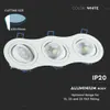 A white recessed LED spotlight fixture with three adjustable heads against a black background, featuring product specifications and features. Podgląd zdjęcia produktu