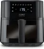 A black air fryer with a digital display and a transparent window. Produktbild-Vorschau