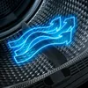 Close-up view inside a dryer drum, with a neon blue graphic illustrating airflow. Produktbild-Vorschau