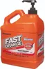 A close-up, front-facing view of an orange plastic bottle of hand cleaner with a black pump dispenser. Produktbild-Vorschau