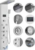 A collage of images showcasing a modern stainless steel shower panel system with various features. Anteprima dell’immagine prodotto