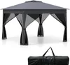A gray pop-up gazebo with black mesh curtains is shown on a white background, with a black carrying bag placed below it. Produktbild-Vorschau