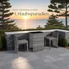 A rattan bar set with two stools is placed on a patio overlooking the ocean at sunset. Náhled obrázku produktu