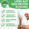 A man is happily hugging a white pillow, with marketing text and checkmarks on the left side of the image. Produktbild-Vorschau