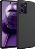 A black silicone phone case is shown on a black background, partially obscuring a smartphone with a purple screen. Produktbild-Vorschau