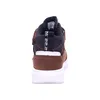 The back view of a brown and black sneaker with a white sole. Produktbild-Vorschau
