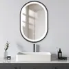 A modern bathroom vanity with a rectangular sink, a faucet, and an oval mirror with integrated LED lighting. Produktbild-Vorschau