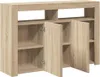 A light brown wooden sideboard with three doors, two of which are open, revealing shelves inside. The sideboard is shown from the front. Voir les images du produit