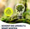 A lightbulb containing a tree, surrounded by moss and greenery, with text overlays promoting environmental friendliness and cost savings. Voir les images du produit