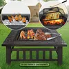 A collage showing a fire pit with food being grilled, bottles of beer in ice, and a fire burning inside the pit. Produktbild-Vorschau