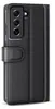 A black leather flip case for a smartphone is shown from the side. Produktbild-Vorschau