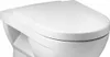 A close-up, straight-on view of a white toilet seat and lid. Produktbild-Vorschau