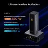 A charging station with a power bank on top, with text and graphics detailing charging speeds and capabilities. Produktbild-Vorschau