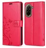 A red flip case for a smartphone, shown open and closed, with floral embossed details. Produktbild-Vorschau