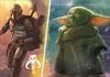 A split image showing the Mandalorian holding Grogu on the left, and Grogu alone on the right. A Mandalorian symbol is visible on the left. Voir les images du produit