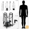 A diagram showing the dimensions of a fireplace tool set and a silhouette of a person for scale. Podgląd zdjęcia produktu