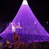 A large, cone-shaped Christmas tree decorated with numerous purple lights, with some white animal figures and other decorations visible on its surface. The surrounding area is dark, suggesting nighttime. Produktbild-Vorschau