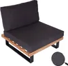 A lounge chair with dark gray cushions on a wooden and black metal frame, shown against a white background.