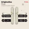 A marketing image showcasing two door handles with feature callouts. Produktbild-Vorschau