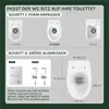 An instructional graphic showing how to determine if a toilet seat fits a toilet, with diagrams of different toilet shapes and measurement guides. Produktbild-Vorschau