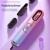A hairdryer with attachments is displayed on a gradient purple and white background, with text overlays. Produktbild-Vorschau