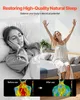 Split image showing a woman struggling to sleep on the left and a woman waking up refreshed on the right, with thermal imaging of the neck before and after use. Anteprima dell’immagine prodotto