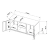 Diagram showing dimensions of a TV stand. Voir les images du produit