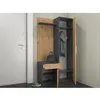 A hallway furniture set with a wardrobe, shelves, and a bench with a drawer, placed next to a white door. Produktbild-Vorschau