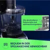 A food processor is shown, with text overlays highlighting its dishwasher-safe parts and a visual of a dishwasher rack. Anteprima dell’immagine prodotto