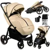 A collage of images showing a beige baby stroller and its accessories. Anteprima dell’immagine prodotto