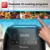 A close-up of an air fryer with a digital display, showcasing various food options through a series of images above it. A finger is shown interacting with the display. Produktbild-Vorschau