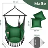 A diagram showing the dimensions of a green hanging chair and two green cushions, along with a diagram of a hammock. Produktbild-Vorschau