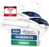 A folded white duvet is shown, with marketing labels and text overlays. Voir les images du produit