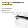A white printer is shown on the right side of the image, with a document partially fed into it. The left side of the image contains text related to printer compatibility. Produktbild-Vorschau