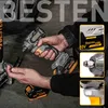 A person is holding a cordless impact wrench, with close-up shots of the battery, socket, and LED light. Produktbild-Vorschau