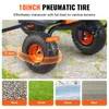 Close-up of a pneumatic tire on a garden cart, with text overlays highlighting dimensions and different terrains the cart can handle. Anteprima dell’immagine prodotto