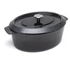 A dark gray oval cast iron pot with a lid and a silver knob on a white background. Produktbild-Vorschau