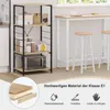 A kitchen shelving unit with kitchenware and a microwave, placed next to a bar table and stools. An inset shows a close-up of the material. Text below highlights product features. Náhľad obrázku produktu