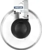 A glass pot lid with a black handle, shown from above, with its packaging. Podgląd zdjęcia produktu