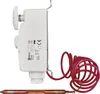 Side view of a white thermostat with a red coiled wire and a copper temperature probe. Podgląd zdjęcia produktu