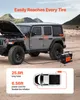 A gray Jeep Wrangler with its hood open is parked on a dirt road, with an orange and black air compressor connected to one of its tires. The image also includes a diagram showing the lengths of the air compressor's hose and power cord. Podgląd zdjęcia produktu